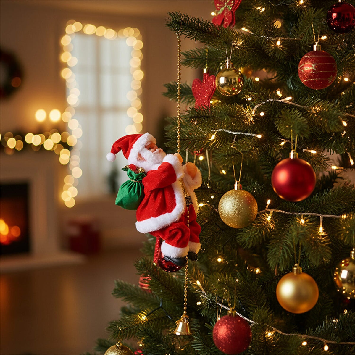 Animated Climbing Santa with Golden Pearls &amp; Music (23 cm) Powered by 3 AA Batteries (not inc.) - Red &amp; White 8217767 2