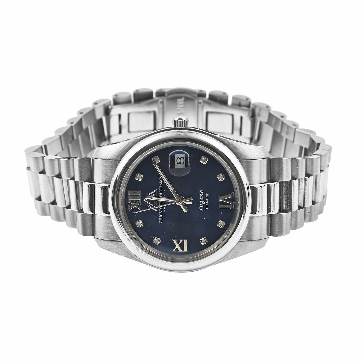Christophe Duchamp Lugano Swiss Quartz Movt. Blue Dial 50 ATM Water Resistant Watch with Silver Chain Strap 7725465 0