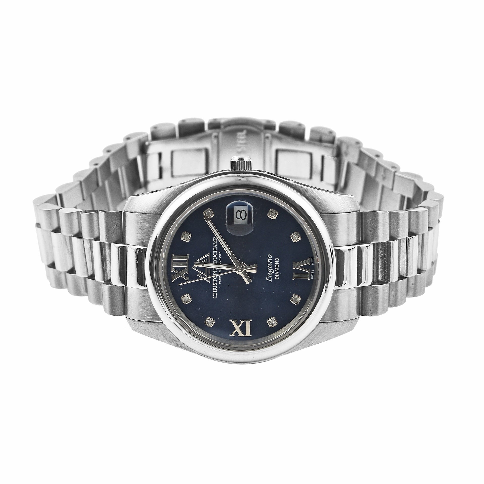 Christophe Duchamp Lugano Swiss Quartz Movt. Blue Dial 50 ATM Water Resistant Watch with Silver Chain Strap 7725465 0