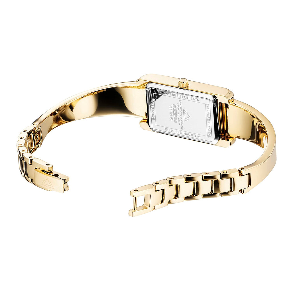 Christophe Duchamp Swiss Made Movt. White Rectangular Dial Ladies Watch with Gold Colour Stainless Steel Solid Adjustable Bangle Strap