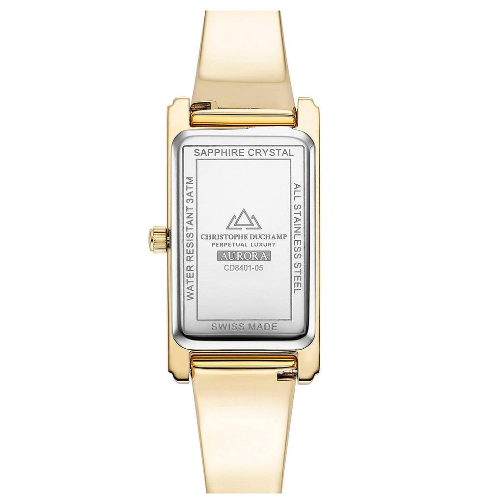Christophe Duchamp Swiss Made Movt. White Rectangular Dial Ladies Watch with Gold Colour Stainless Steel Solid Adjustable Bangle Strap