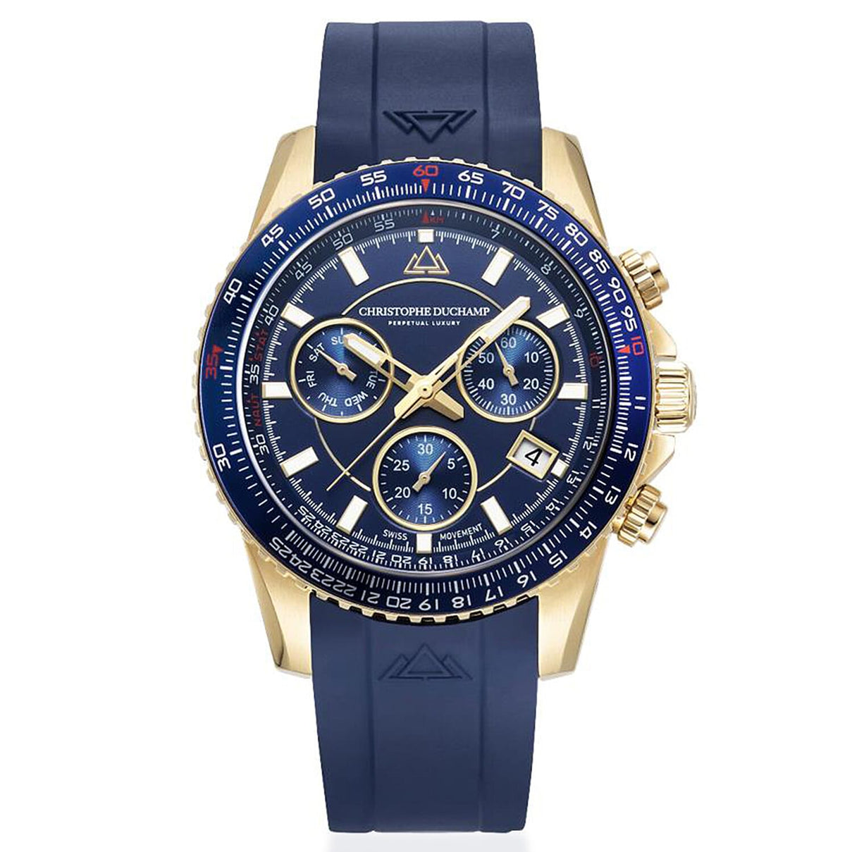 Christophe Duchamp Velocite V2 Swiss Z60 Chronograph 10ATM Mens Watch with Blue Dial and Silicone Strap in Gold Stainless Steel Case 8286173 0