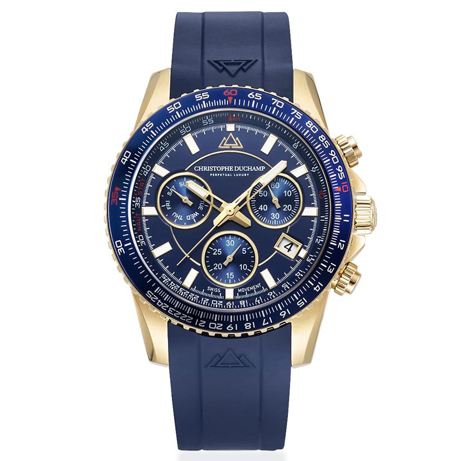 Christophe Duchamp Velocite V2 Swiss Z60 Chronograph 10ATM Mens Watch with Blue Dial and Silicone Strap in Gold Stainless Steel Case 8286173 0