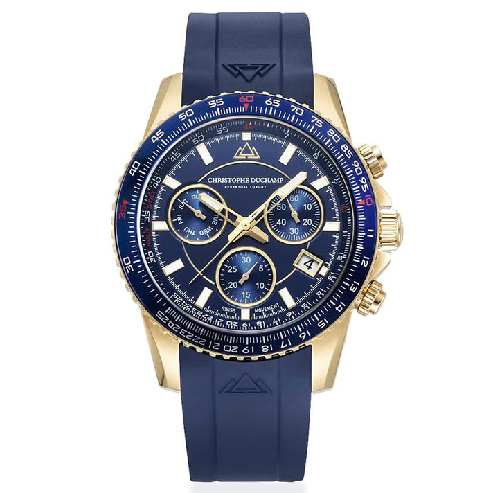 Christophe Duchamp Velocite V2 Swiss Z60 Chronograph 10ATM Mens Watch with Blue Dial and Silicone Strap in Gold Stainless Steel Case 8286173 1