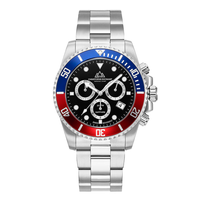 Christophe Duchamp Marine Chrono Swiss Movt.Blue - Red Bezel 20 ATM WR Watch with Stainless Steel Chain Strap 7537760 1