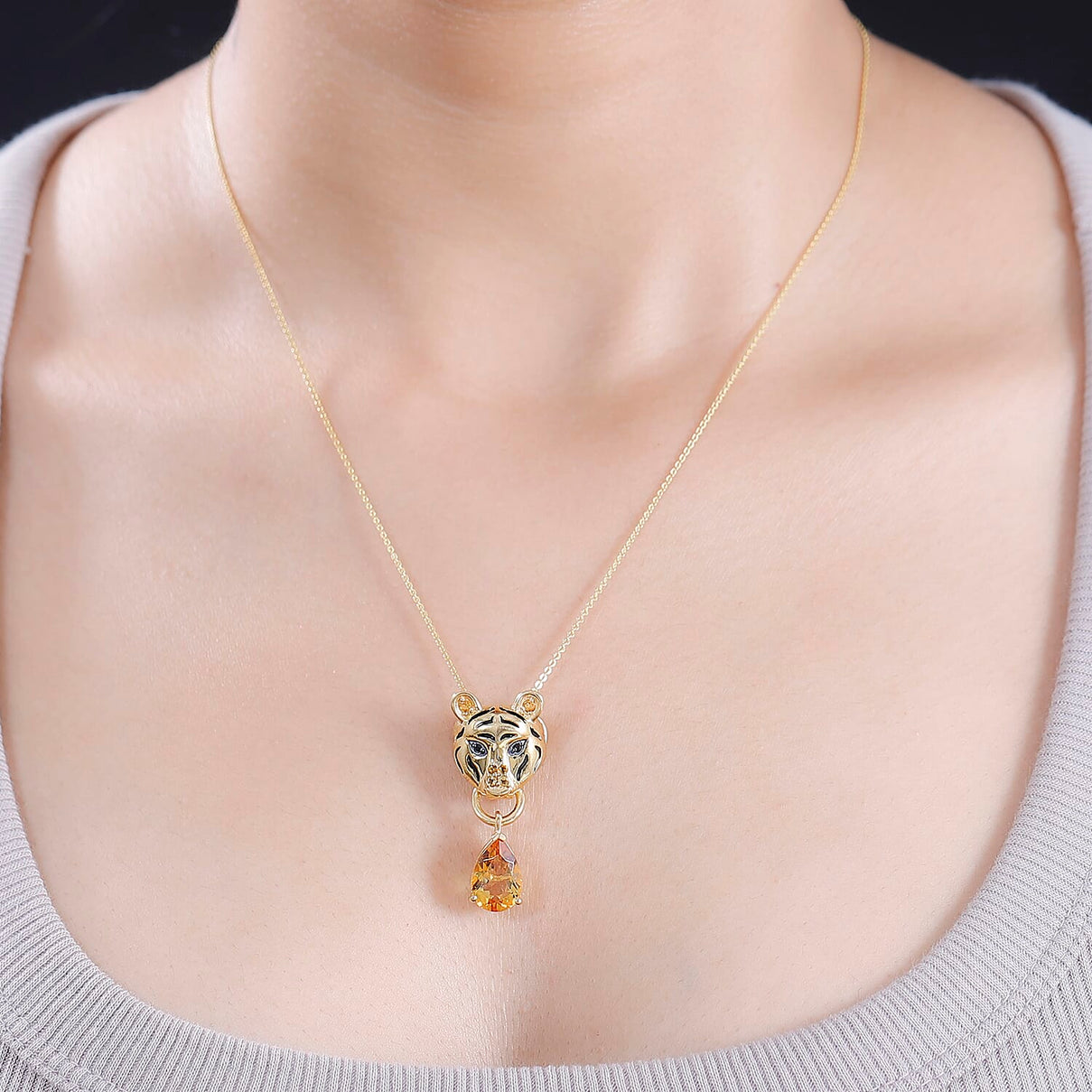 GP Tiger Totem Collection - Citrine and Black Spinel Tiger Head Pendant with Chain (Size 20) in 18K Yellow Gold Vermeil Plated Sterling Silver 4299758 2