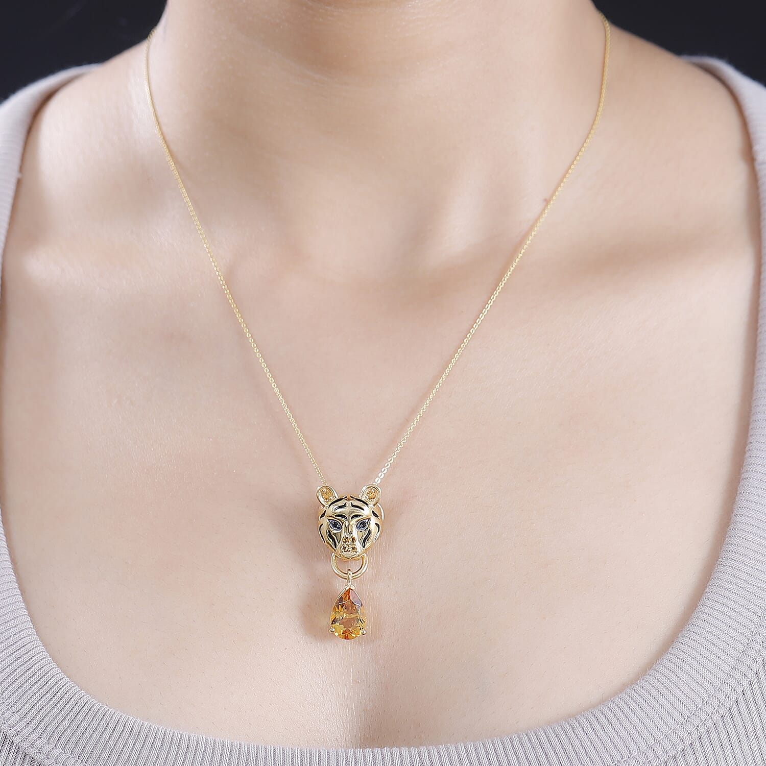 GP Tiger Totem Collection - Citrine and Black Spinel Tiger Head Pendant with Chain (Size 20) in 18K Yellow Gold Vermeil Plated Sterling Silver 4299758 2