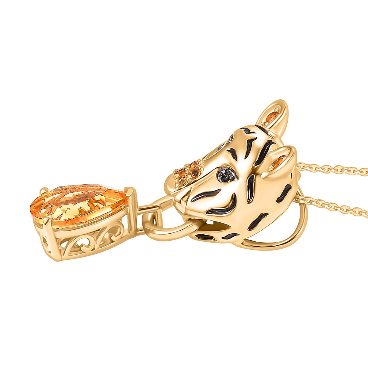 GP Tiger Totem Collection - Citrine and Black Spinel Tiger Head Pendant with Chain (Size 20) in 18K Yellow Gold Vermeil Plated Sterling Silver 4299758 3