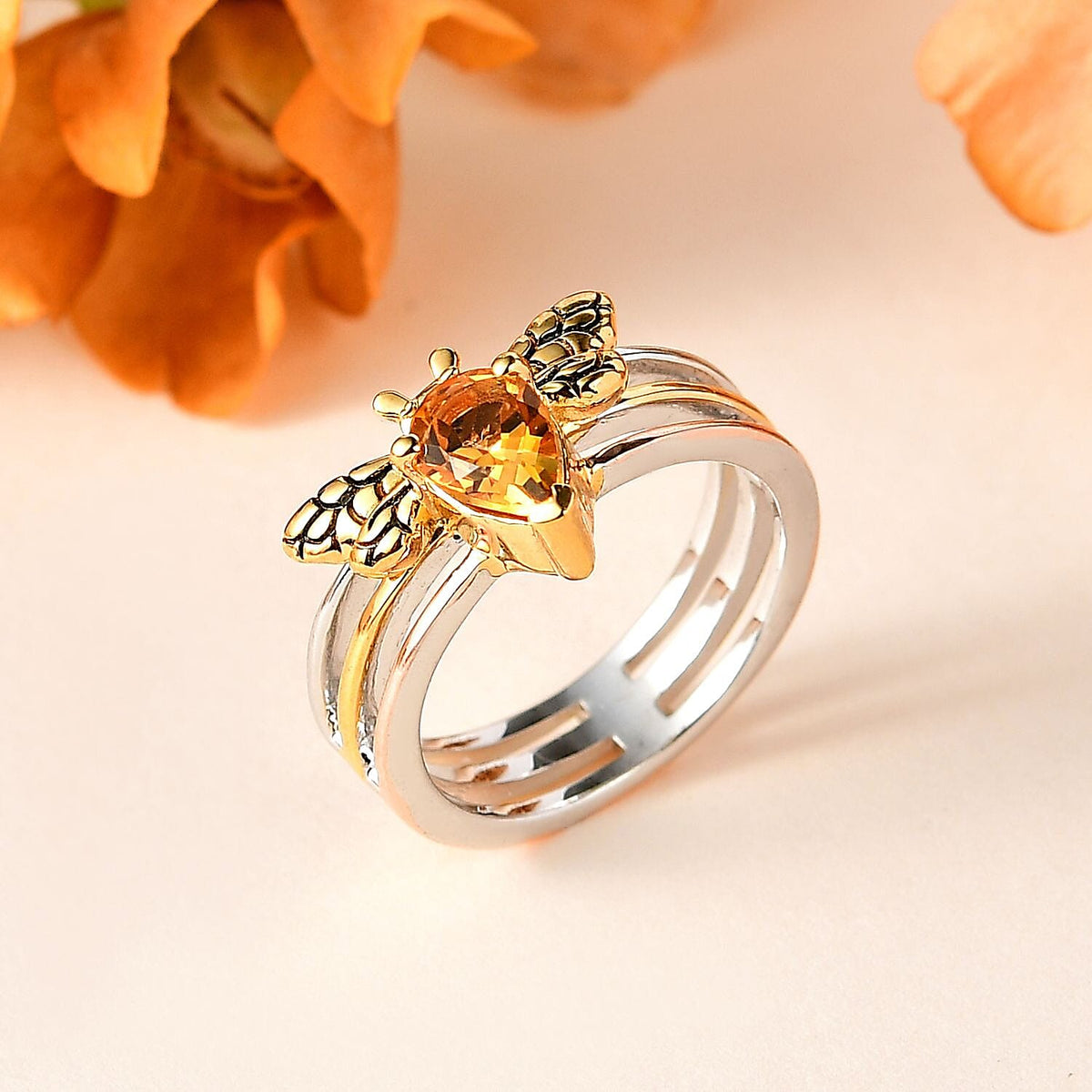 GP Honeycomb Collection  - Citrine and Moissanite Honeybee Ring in Platinum and 18K Vermeil Yellow Gold and Rose Gold Plated Sterling Silver 7731188 1