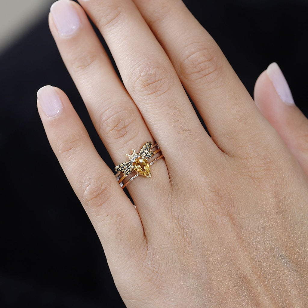 GP Honeycomb Collection - Citrine & Moissanite Band Ring in 18K Vermeil YG & Platinum Plated Sterling Silver
