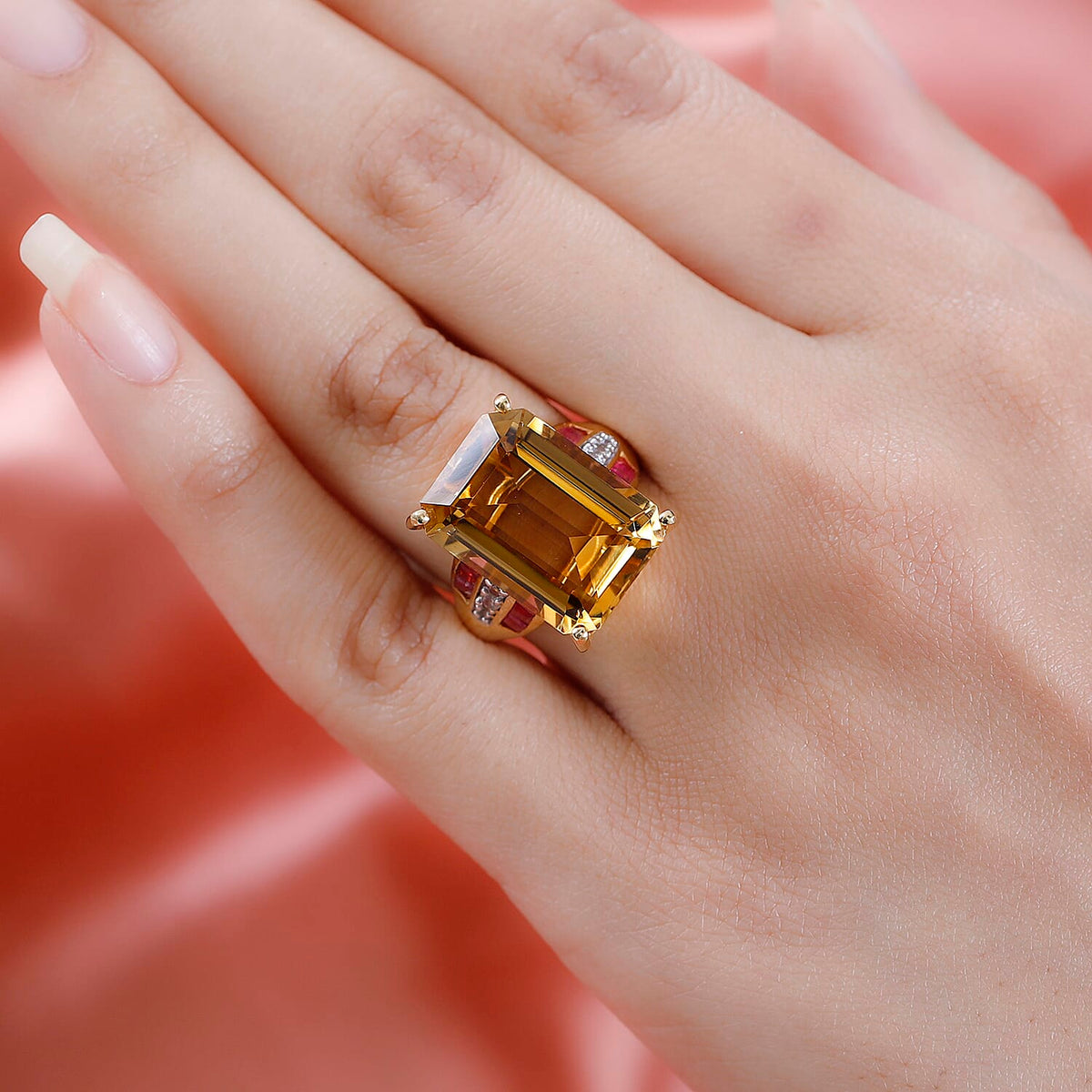 Collectors Edition Minas Gerais Citrine Emerald Cut 18X13mm, African Ruby and Natural Zircon Ring in 18K Yellow Gold Vermeil Plated Sterling Silver 16.54 Ct V32517965 3