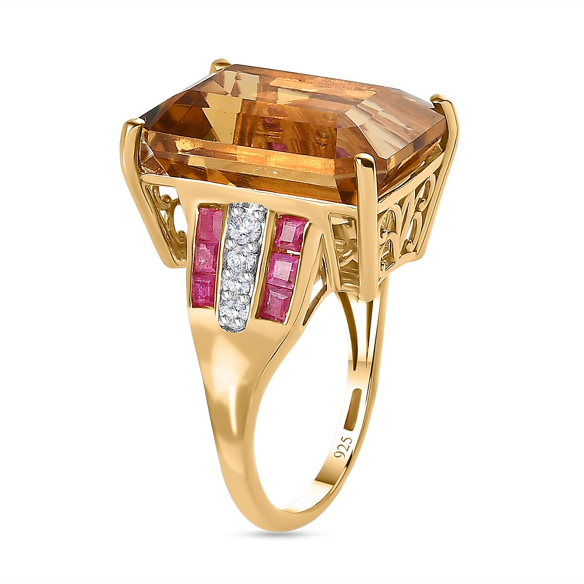 Collectors Edition Minas Gerais Citrine Emerald Cut 18X13mm, African Ruby and Natural Zircon Ring in 18K Yellow Gold Vermeil Plated Sterling Silver 16.54 Ct V32517965 4