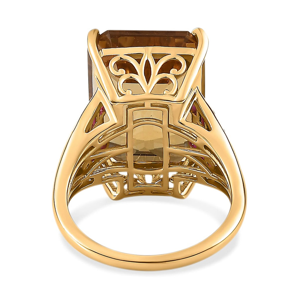 Collectors Edition Minas Gerais Citrine Emerald Cut 18X13mm, Ruby (FF) & Natural Zircon Ring in 18K Vermeil Yellow Gold Plated Sterling Silver 16.97 Ct, Silver Wt. 5.11 Gms.
