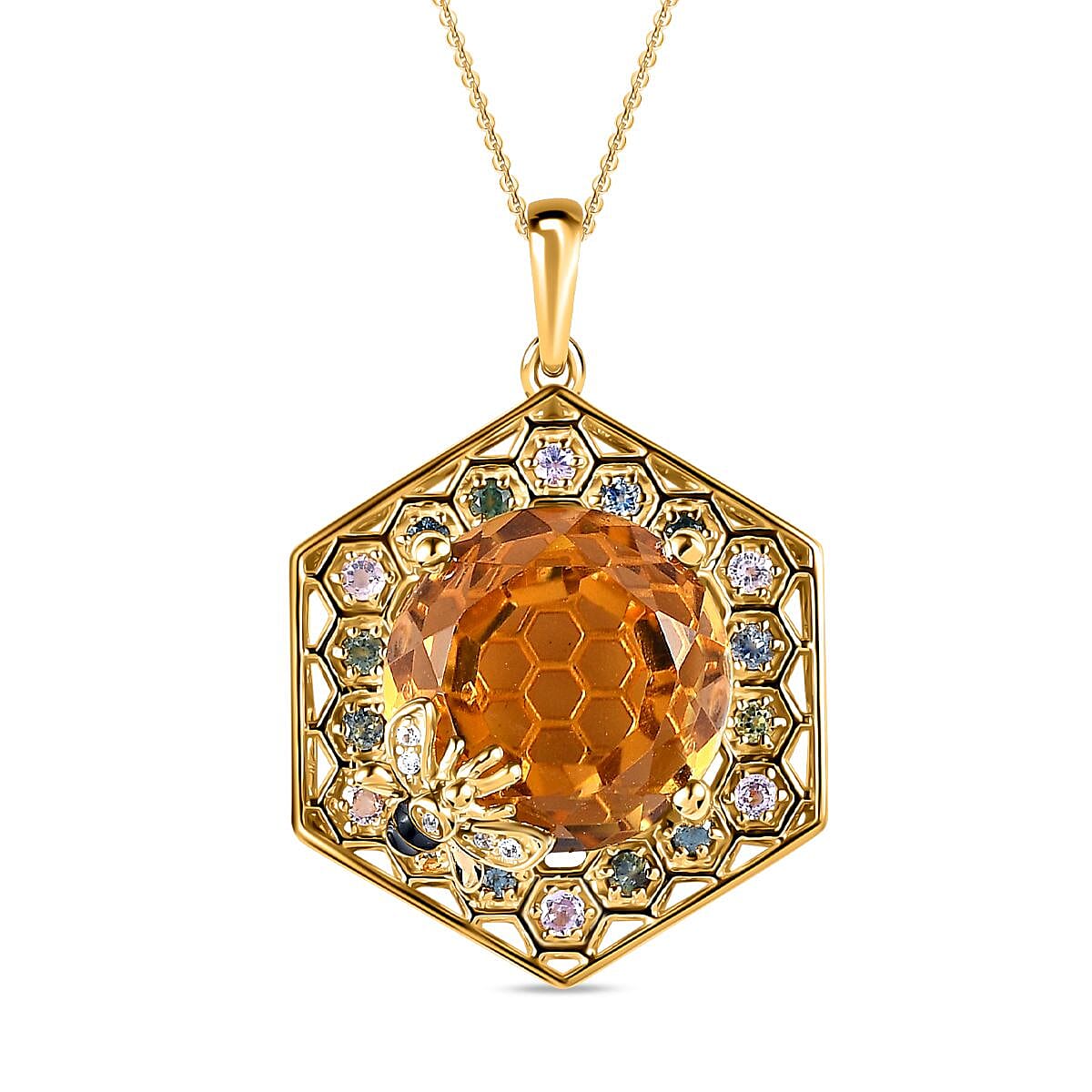 GP HoneyComb Collection - Citrine, Multi Sapphire and Natural Zircon Pendant with Chain (Size 20) in 18K Vermeil Yellow Gold Plated Sterling Silver 12.60 Ct, Silver Wt. 7.67 Gms 4207384 0