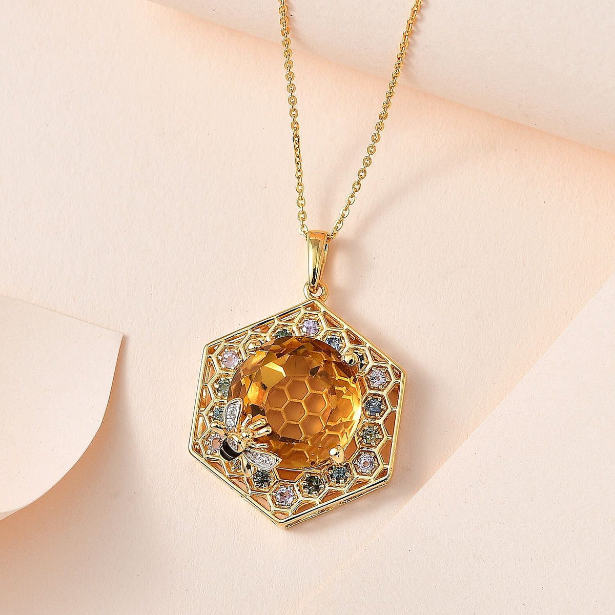 GP HoneyComb Collection - Citrine, Multi Sapphire and Natural Zircon Pendant with Chain (Size 20) in 18K Vermeil Yellow Gold Plated Sterling Silver 12.60 Ct, Silver Wt. 7.67 Gms 4207384 2