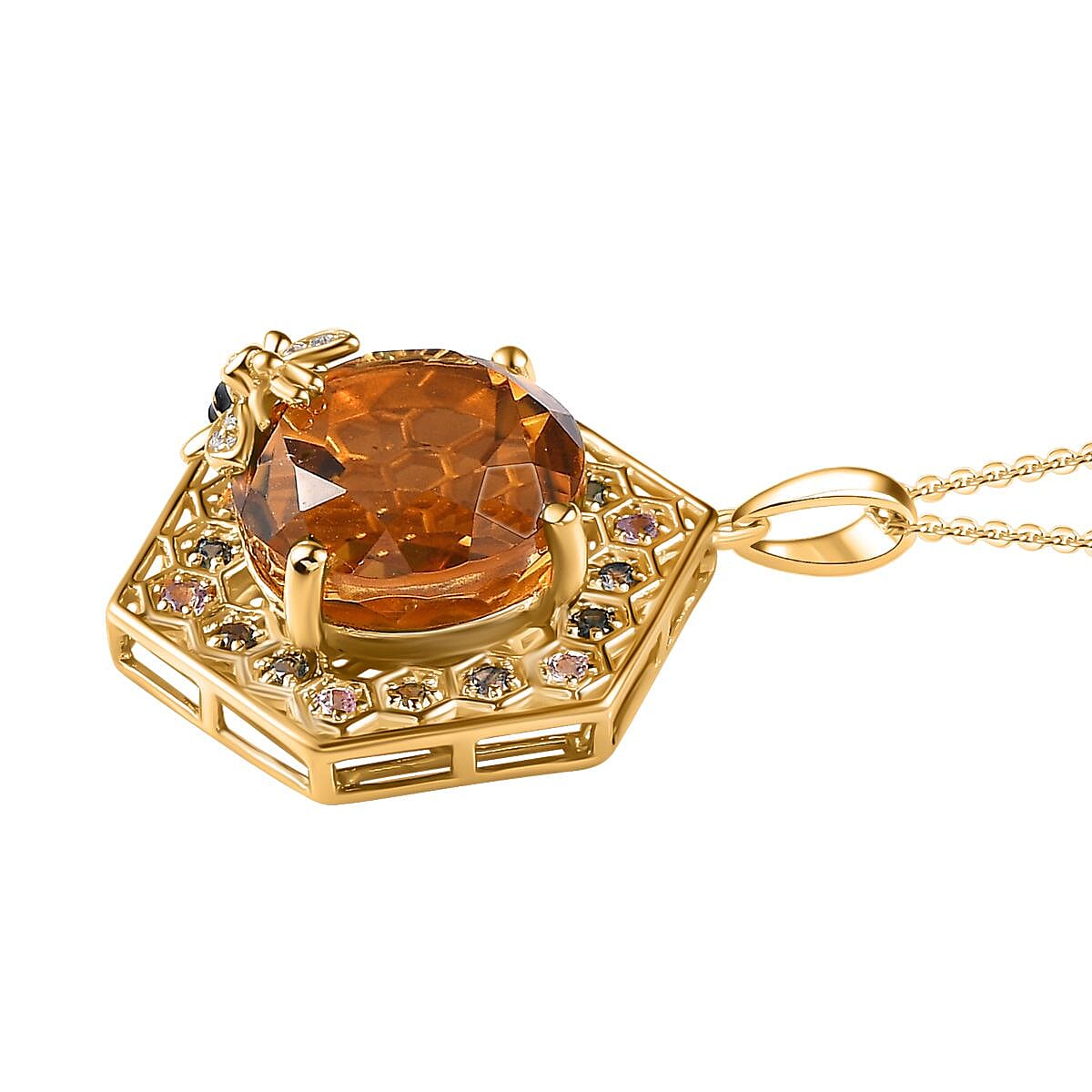 GP HoneyComb Collection - Citrine, Multi Sapphire and Natural Zircon Pendant with Chain (Size 20) in 18K Vermeil Yellow Gold Plated Sterling Silver 12.60 Ct, Silver Wt. 7.67 Gms 4207384 3