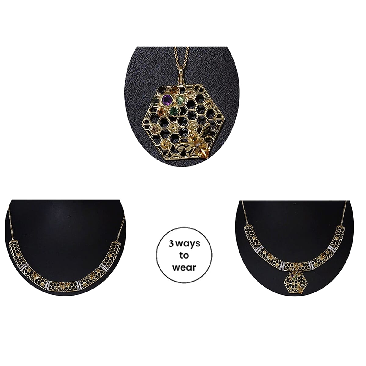 GP HoneyComb Collection - 3 in 1 Interchangeable Necklace Multi Gemstone in 18K Gold Vermeil Plated Sterling Silver 5.41 Ct, Silver Wt. 28.55 Gms. Size 20 7699682 2