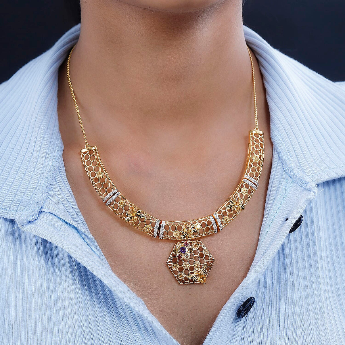 GP HoneyComb Collection - 3 in 1 Interchangeable Necklace Multi Gemstone in 18K Gold Vermeil Plated Sterling Silver 5.41 Ct, Silver Wt. 28.55 Gms. Size 20 7699682 3