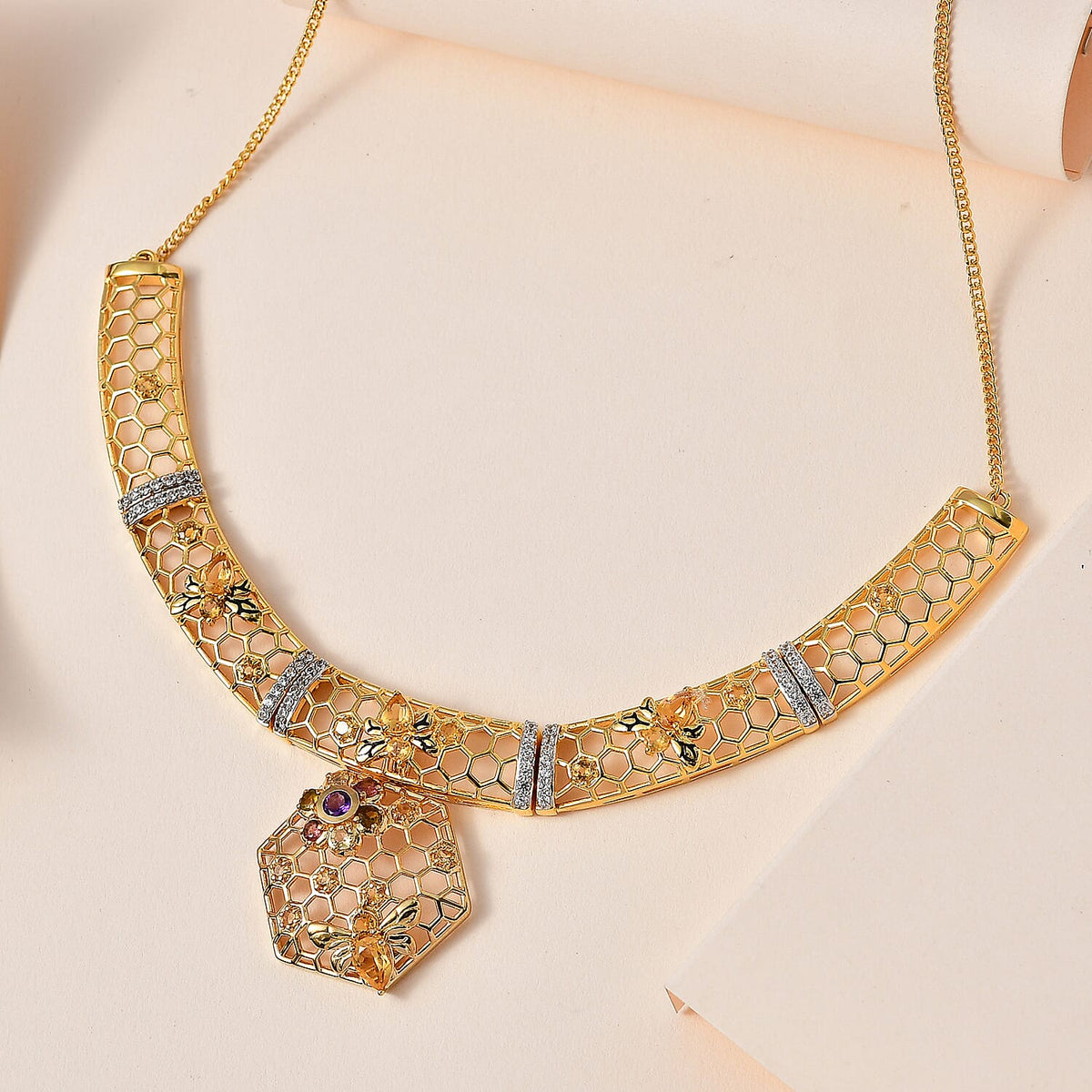 GP HoneyComb Collection - 3 in 1 Interchangeable Necklace Multi Gemstone in 18K Gold Vermeil Plated Sterling Silver 5.41 Ct, Silver Wt. 28.55 Gms. Size 20 7699682 4
