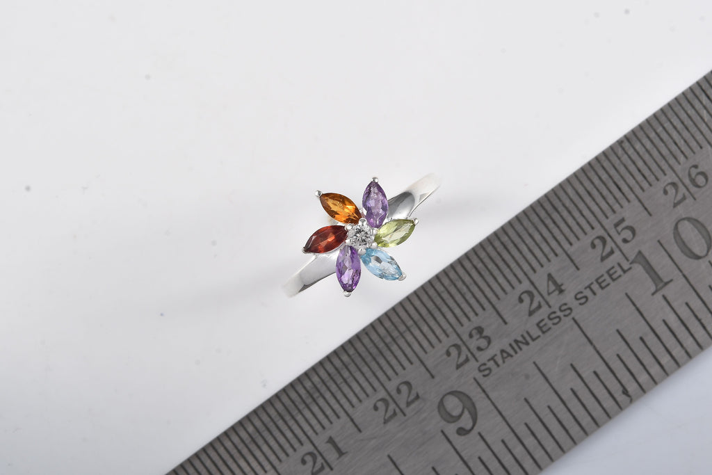 Citrine & Multi Gemstone Floral Ring in Sterling Silver