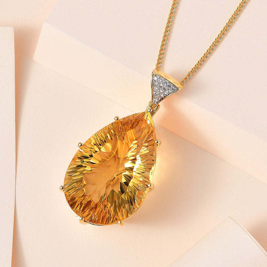 Concave Cut AAA Citrine and Natural Zircon Pendant with Chain (Size 20) in 18K YG Vermeil Plated Sterling Silver 98.84 Ct, Silver Wt. 14.60 Gms
