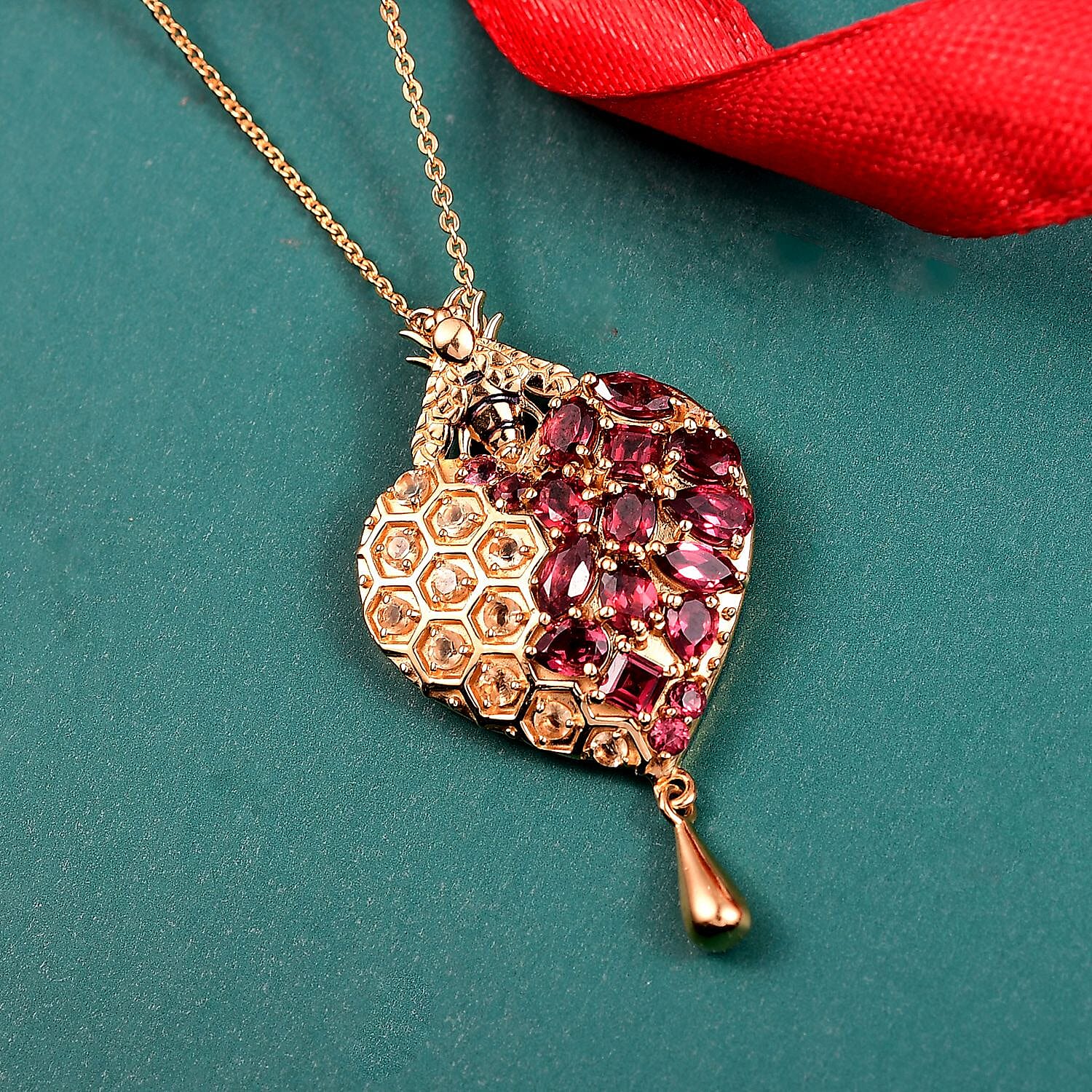 GP Honeycomb Collection- Citrine, Orissa Rose Garnet &amp; Blue Sapphire Pendant with Chain (Size 20) in 18K Vermeil Yellow Gold Plated Sterling Silver 3.53 Ct 4432446 2
