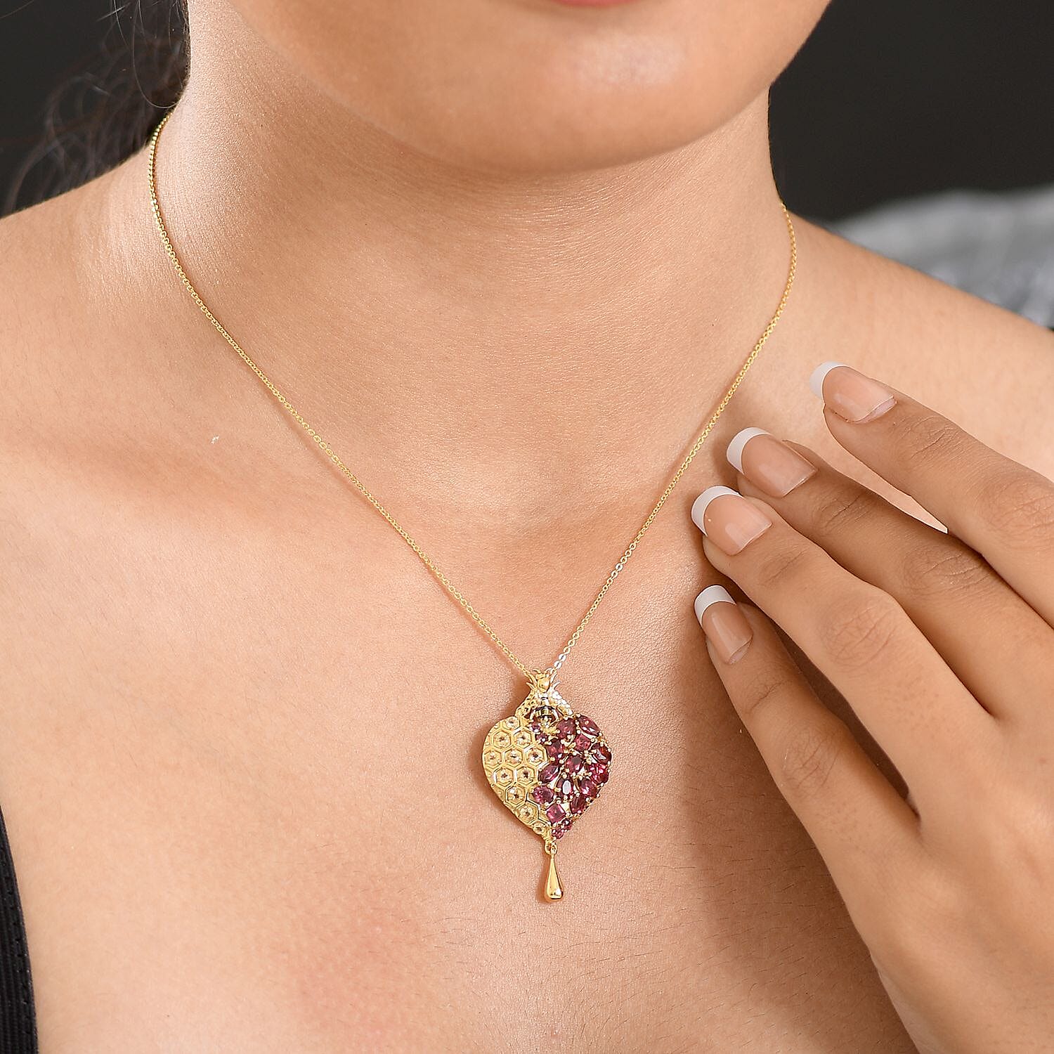 GP Honeycomb Collection- Citrine, Orissa Rose Garnet &amp; Blue Sapphire Pendant with Chain (Size 20) in 18K Vermeil Yellow Gold Plated Sterling Silver 3.53 Ct 4432446 3
