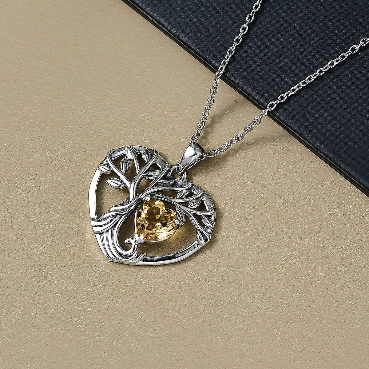 D'Joy Citrine Tree Of Life Heart Pendant with Cable Chain (Size 20) in Black Oxidised Sterling Silver 1.72 Ct. 4425786 3