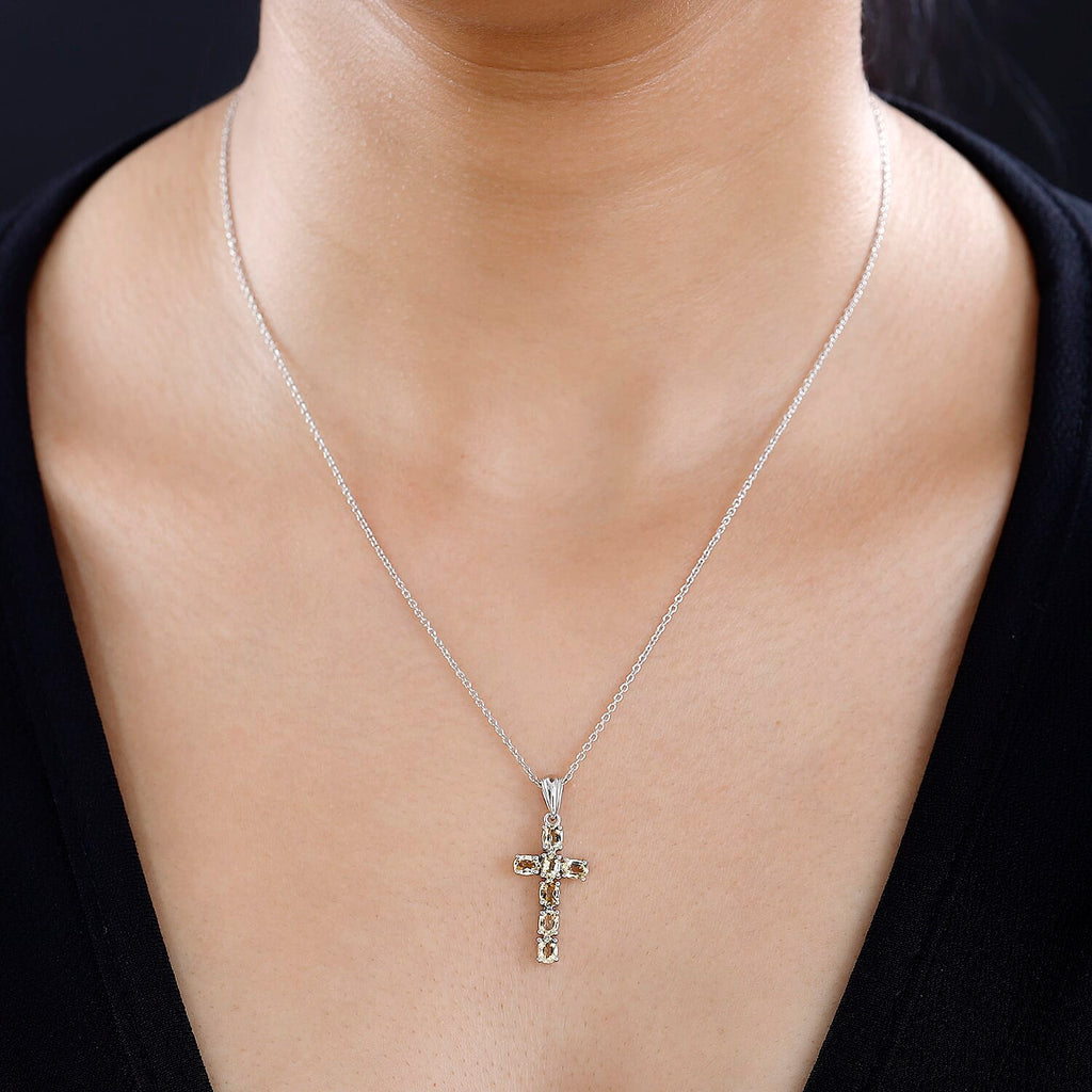 D'Joy - Citrine Cross Pendant with Chain (Size 20) in Platinum Overlay Sterling Silver 1.20 Ct.