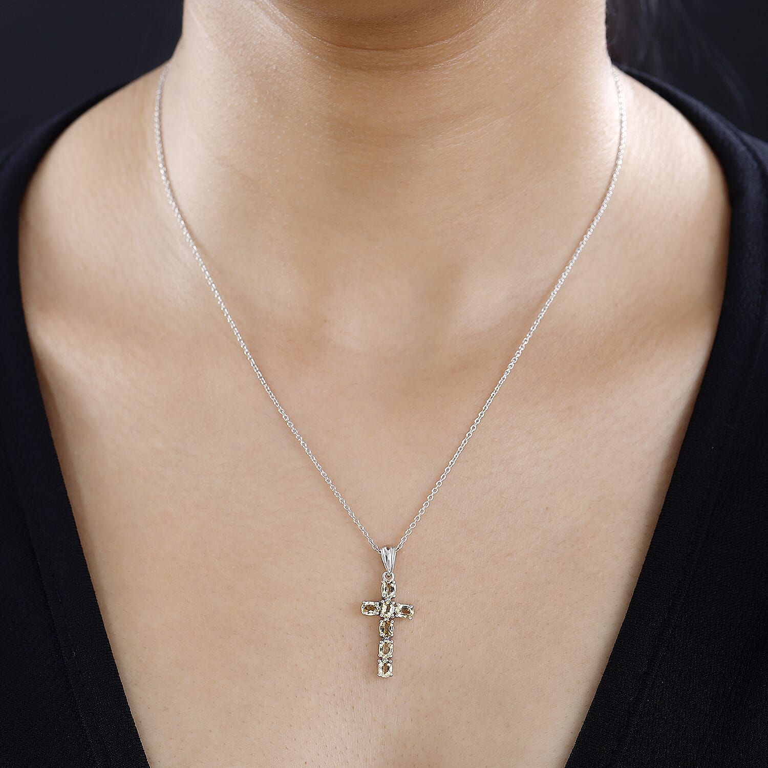 D'Joy - Citrine Cross Pendant with Chain (Size 20) in Platinum Overlay Sterling Silver 1.20 Ct. 4267167 2