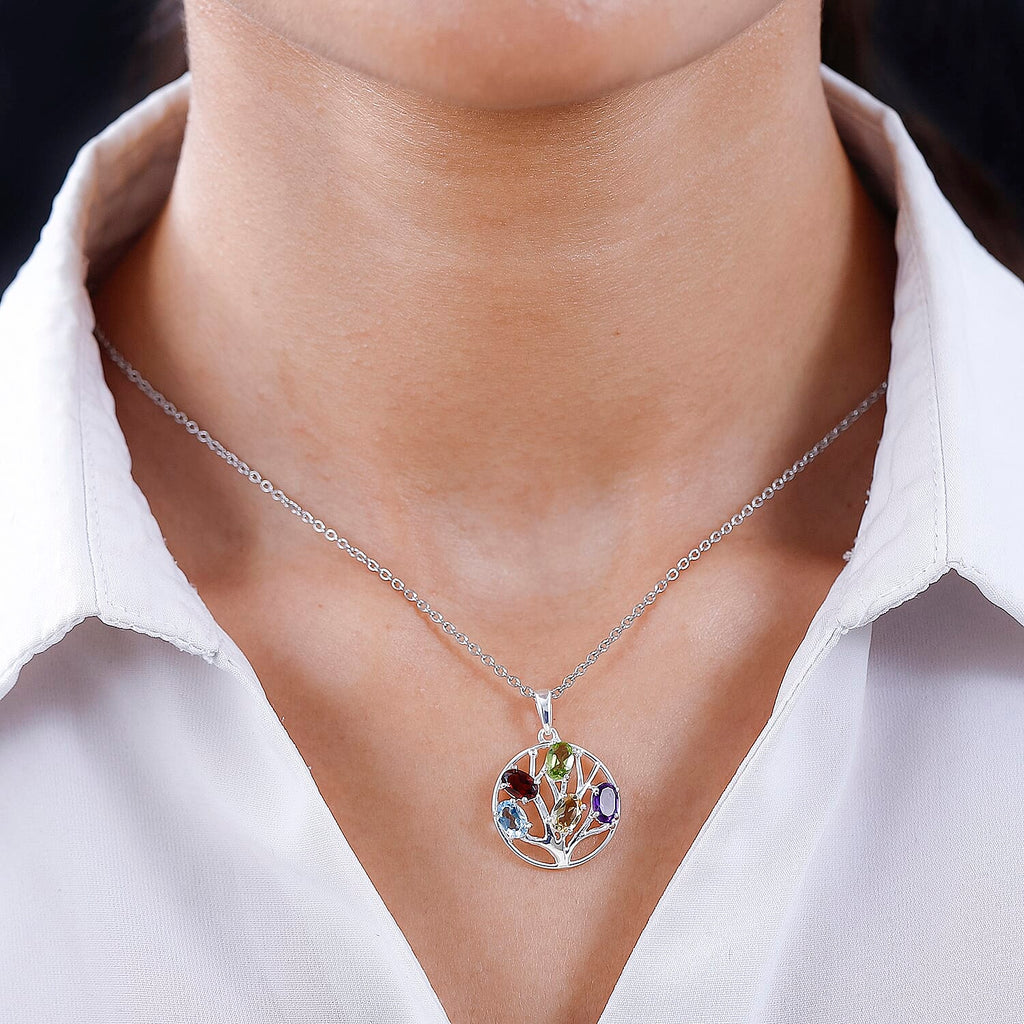 Multi Gemstone Tree of Life Sterling Silver Pendant with Free Chain (Size 20)