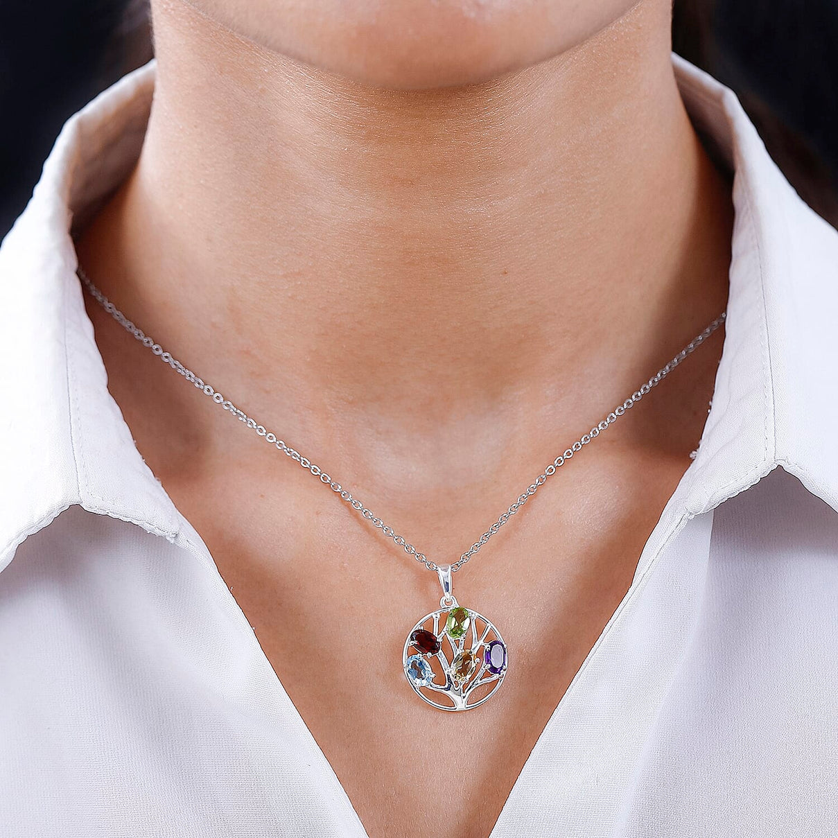 Multi Gemstone Tree of Life Sterling Silver Pendant with Free Chain (Size 20) 4181281 2