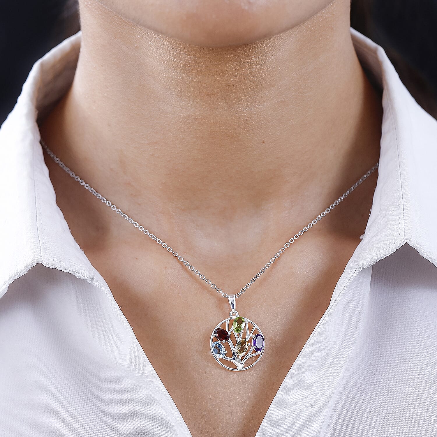 Multi Gemstone Tree of Life Sterling Silver Pendant with Free Chain (Size 20) 4181281 2
