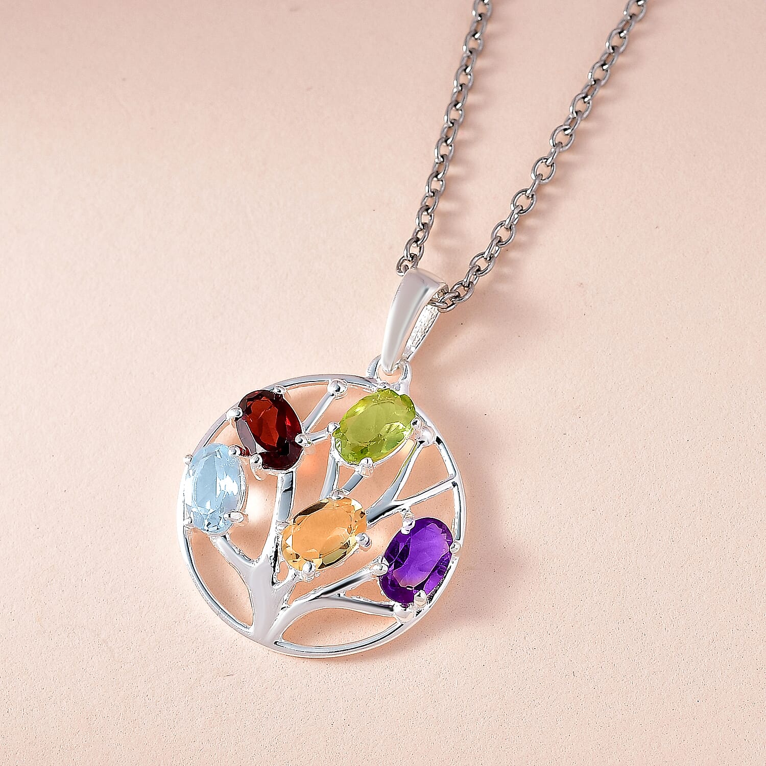 Multi Gemstone Tree of Life Sterling Silver Pendant with Free Chain (Size 20) 4181281 3