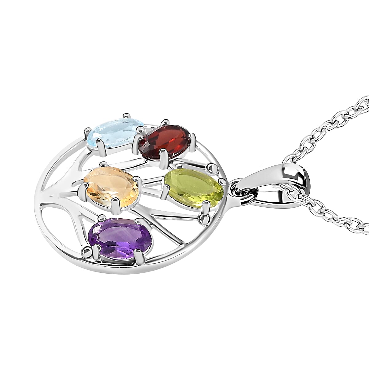 Multi Gemstone Tree of Life Sterling Silver Pendant with Free Chain (Size 20) 4181281 4
