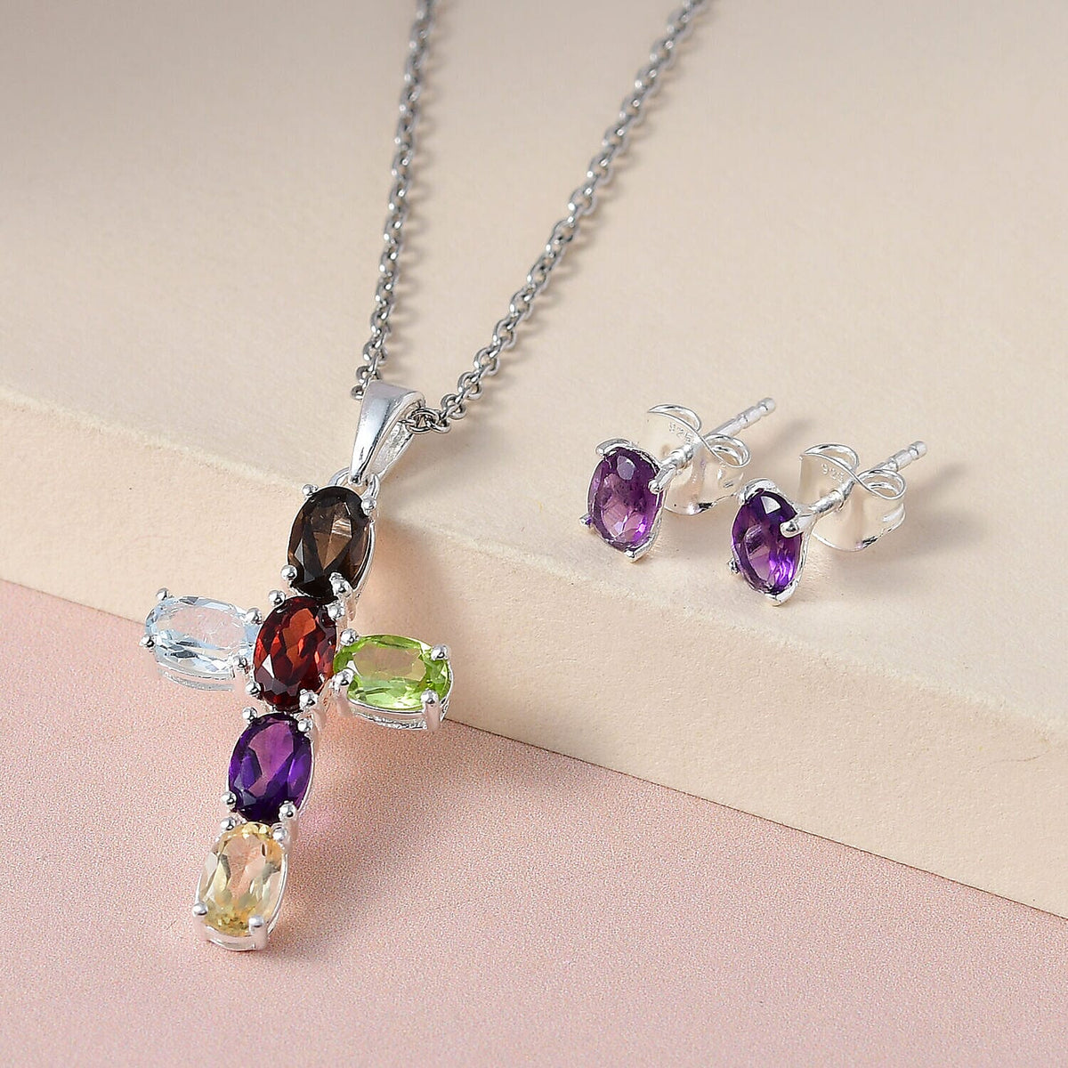 2 Piece Set - Multi Gemstone Cross Pendant with Chain (Size 20) and Stud Earrings in Sterling Silver 3.36 Ct 4400871 3