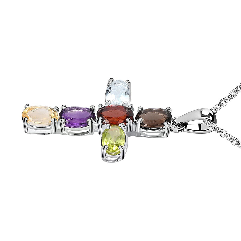 2 Piece Set - Multi Gemstone Cross Pendant with Chain (Size 20) and Stud Earrings in Sterling Silver 3.36 Ct