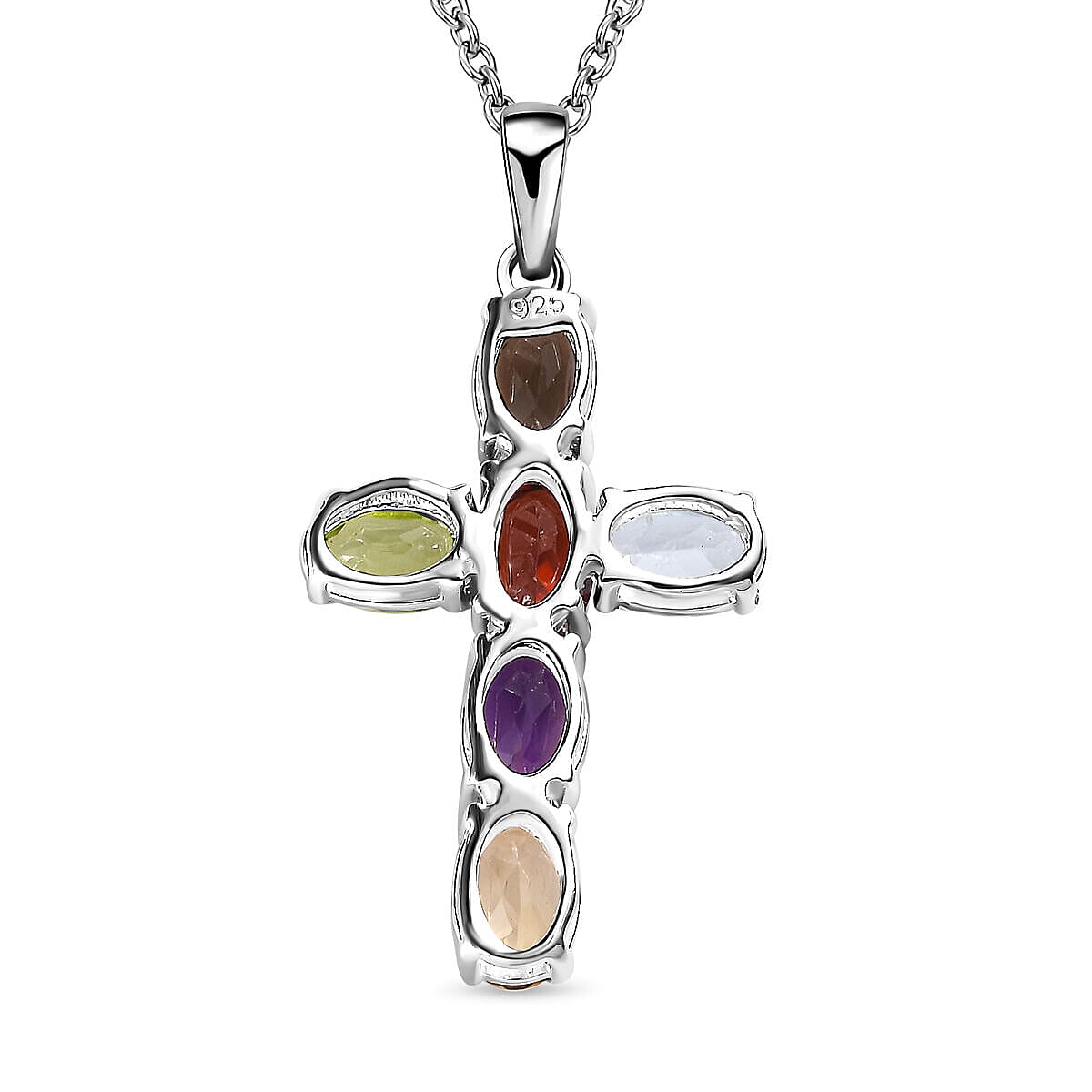 2 Piece Set - Multi Gemstone Cross Pendant with Chain (Size 20) and Stud Earrings in Sterling Silver 3.36 Ct 4400871 6