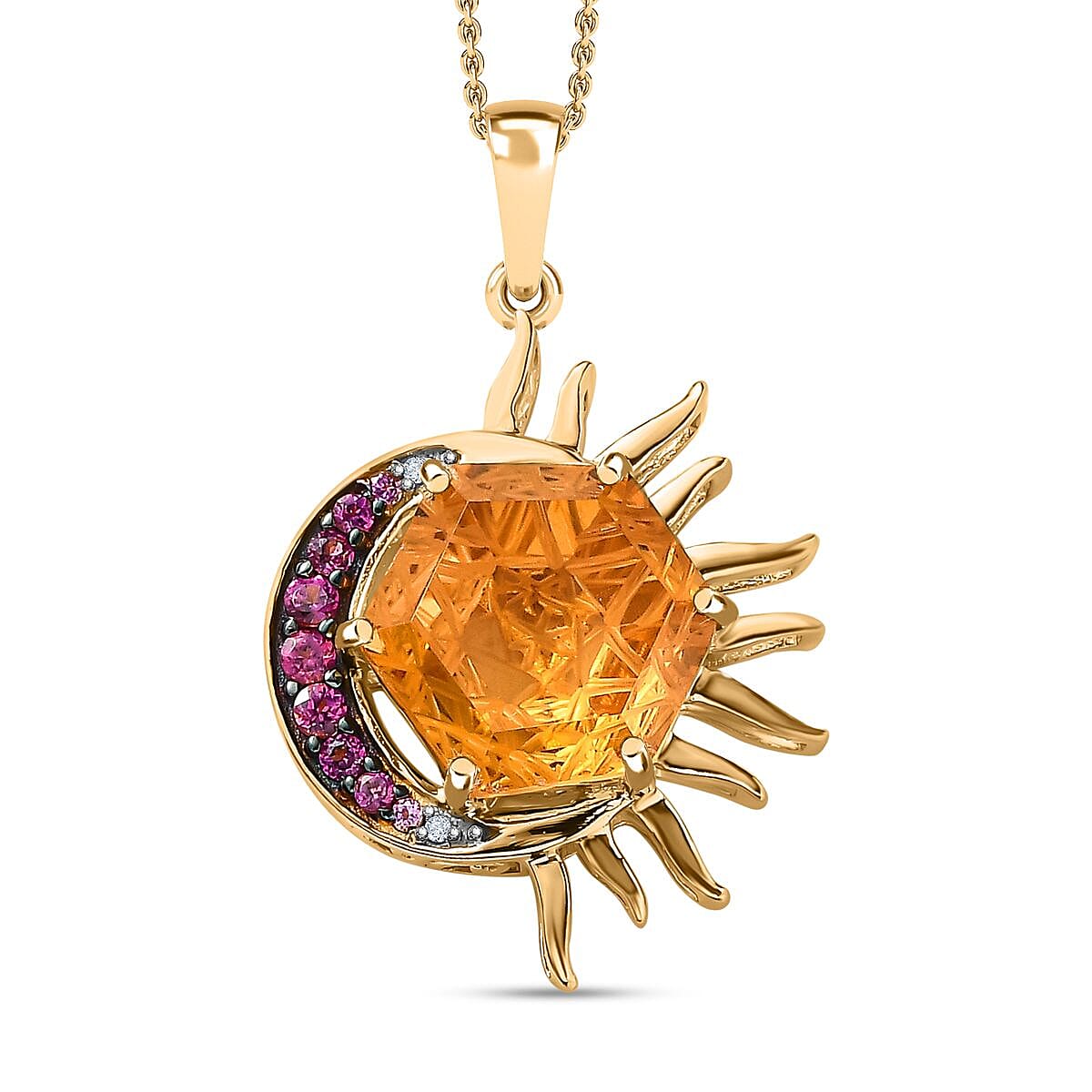 GP Celestial Dream Collection (Matatron Cube Cut) - Citrine, Rhodolite Garnet &amp; Natural Zircon Pendant with Chain (Size 20) in 18K Vermeil YG Plated Sterling Silver 6.59 Ct 4230745 0