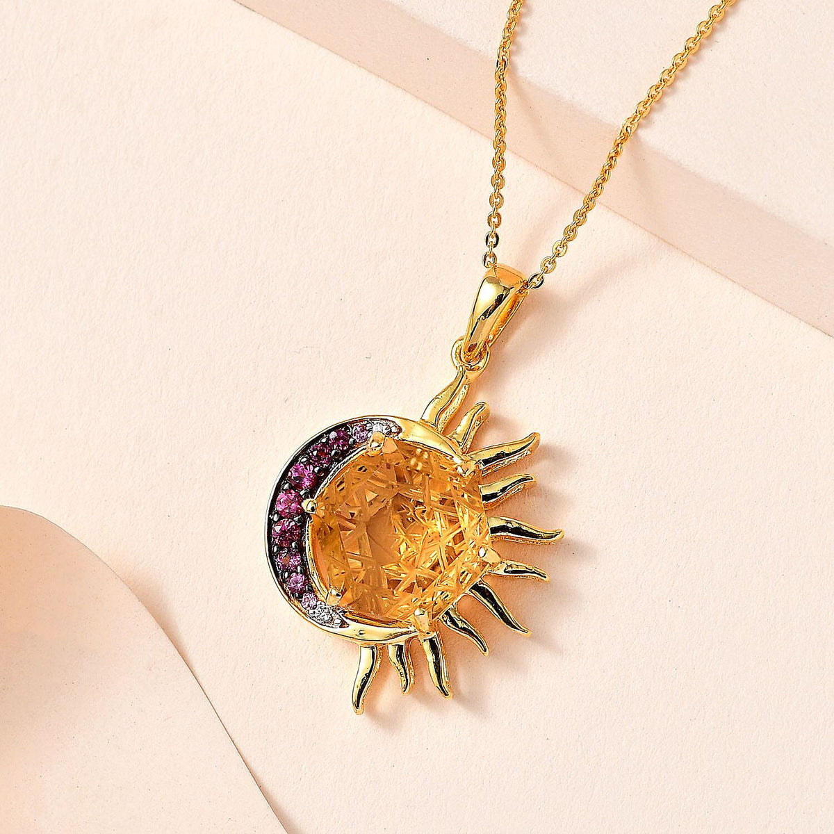 GP Celestial Dream Collection (Matatron Cube Cut) - Citrine, Rhodolite Garnet &amp; Natural Zircon Pendant with Chain (Size 20) in 18K Vermeil YG Plated Sterling Silver 6.59 Ct 4230745 3