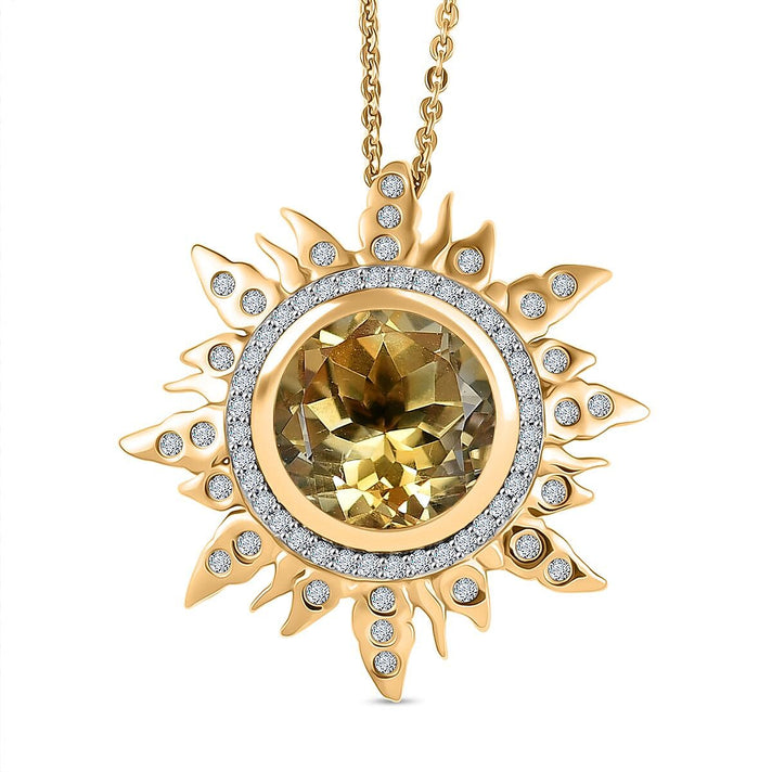 GP- Celestial Dream Collection Citrine, White Zircon &amp; Blue Sapphire Sunburst Halo Pendant with Chain (Size 20) in 18K Vermeil Yellow Gold Plated Sterling Silver 4.13 Ct 4430329 1