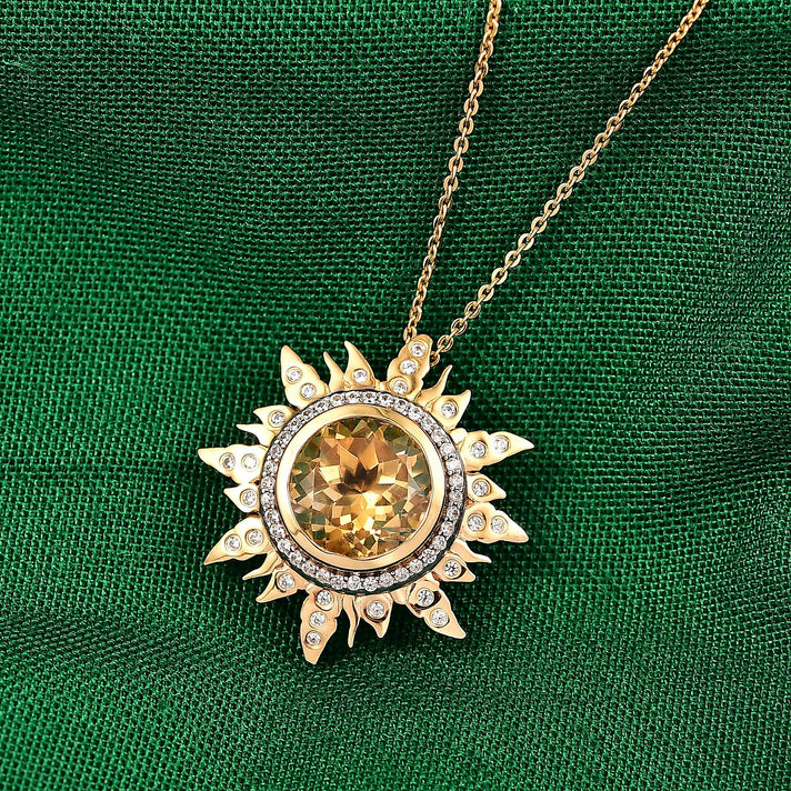 GP- Celestial Dream Collection Citrine, White Zircon &amp; Blue Sapphire Sunburst Halo Pendant with Chain (Size 20) in 18K Vermeil Yellow Gold Plated Sterling Silver 4.13 Ct 4430329 2