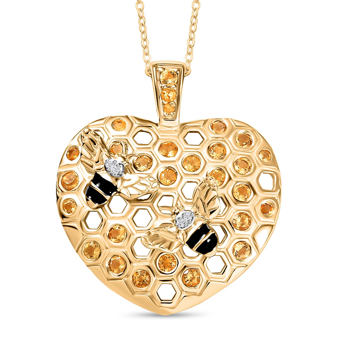 GP Honey Comb Collection - Citrine, White Zircon &amp; Blue Sapphire Pendant with Chain (Size - 20) in 18K Vermeil Yellow Gold Plated Sterling Silver 1.00 Ct. 4322289 0