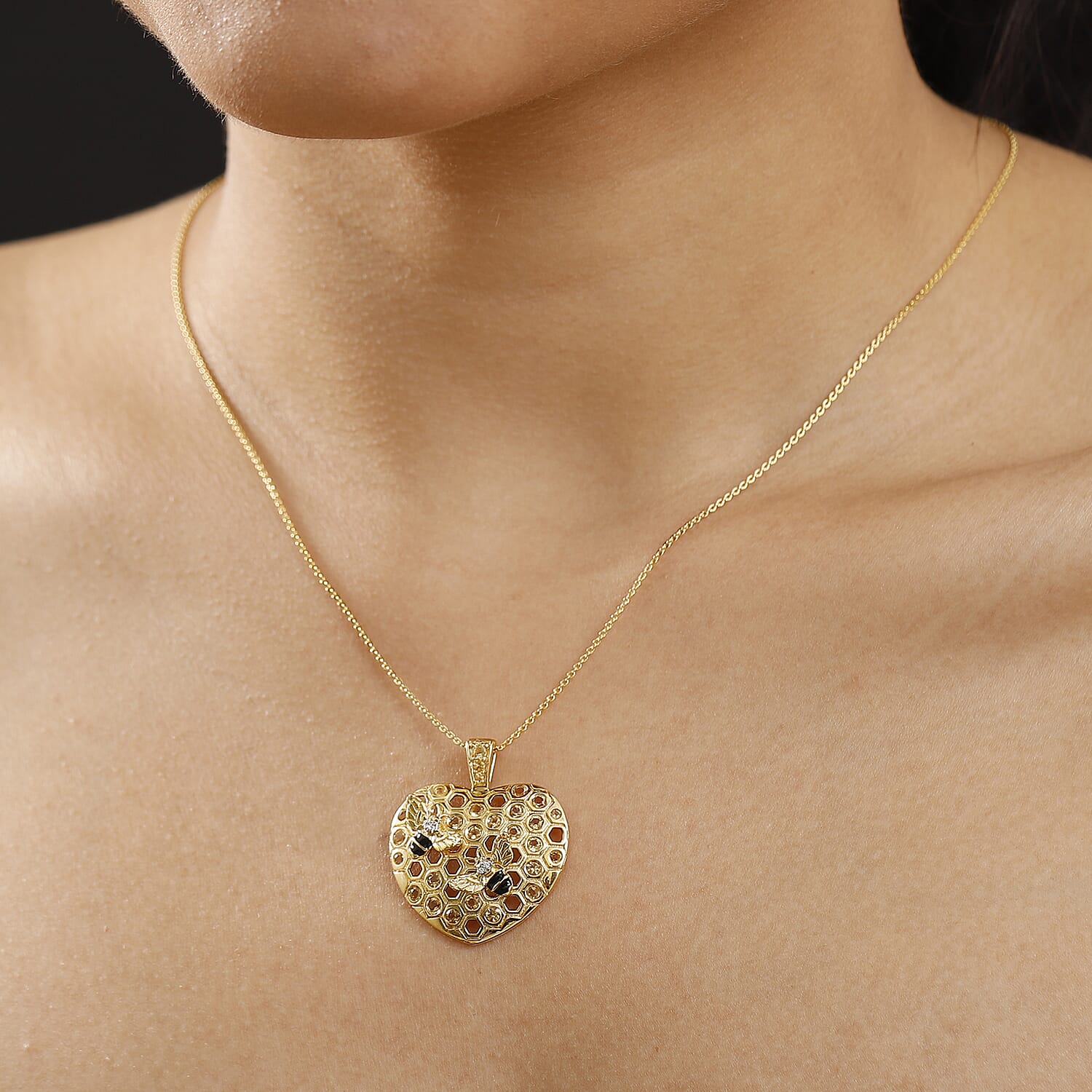 GP Honey Comb Collection - Citrine, White Zircon &amp; Blue Sapphire Pendant with Chain (Size - 20) in 18K Vermeil Yellow Gold Plated Sterling Silver 1.00 Ct. 4322289 2