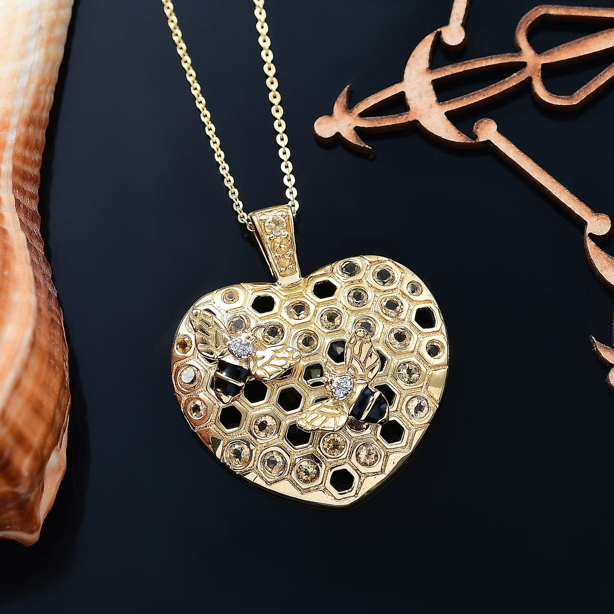 GP Honey Comb Collection - Citrine, White Zircon &amp; Blue Sapphire Pendant with Chain (Size - 20) in 18K Vermeil Yellow Gold Plated Sterling Silver 1.00 Ct. 4322289 3