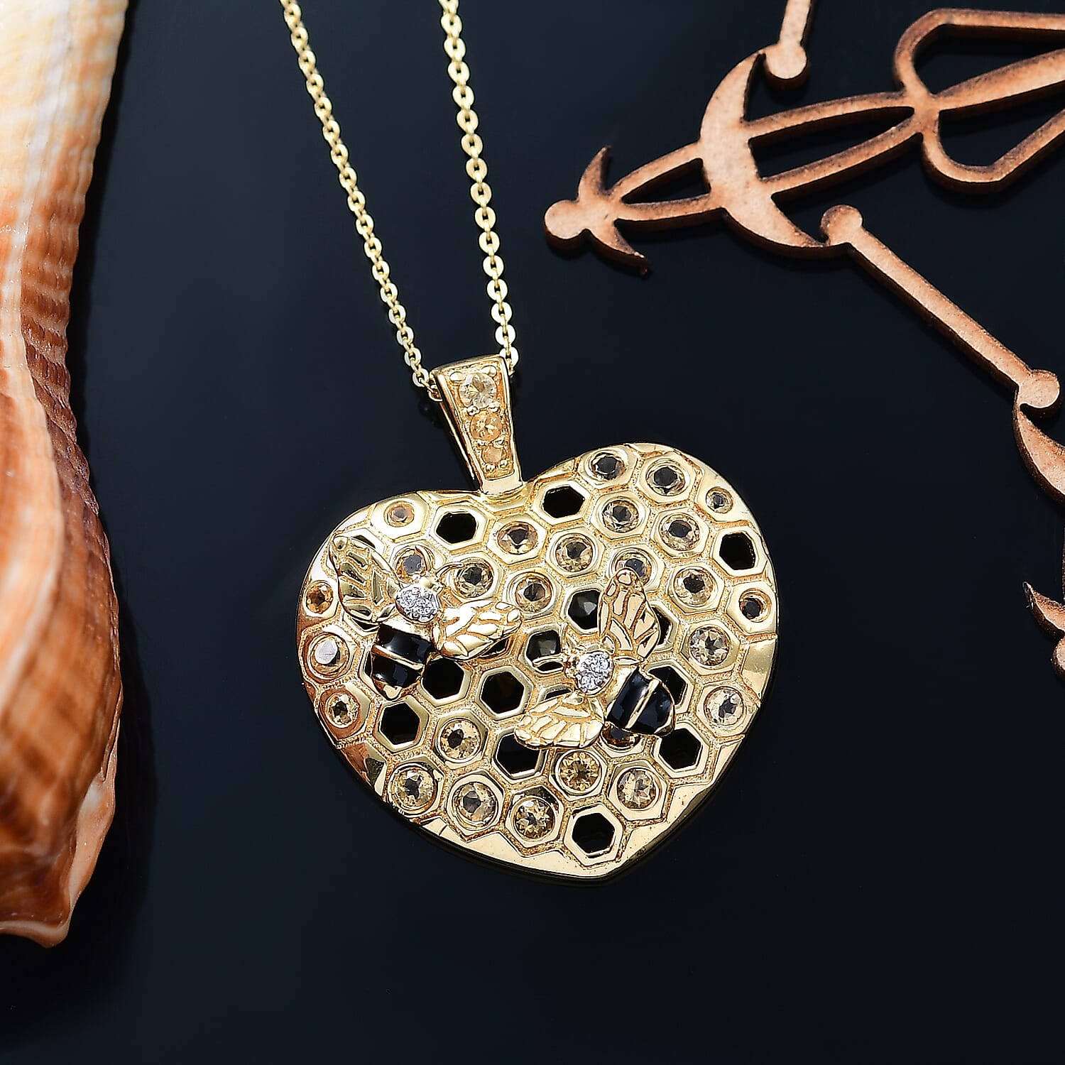 GP Honey Comb Collection - Citrine, White Zircon &amp; Blue Sapphire Pendant with Chain (Size - 20) in 18K Vermeil Yellow Gold Plated Sterling Silver 1.00 Ct. 4322289 3