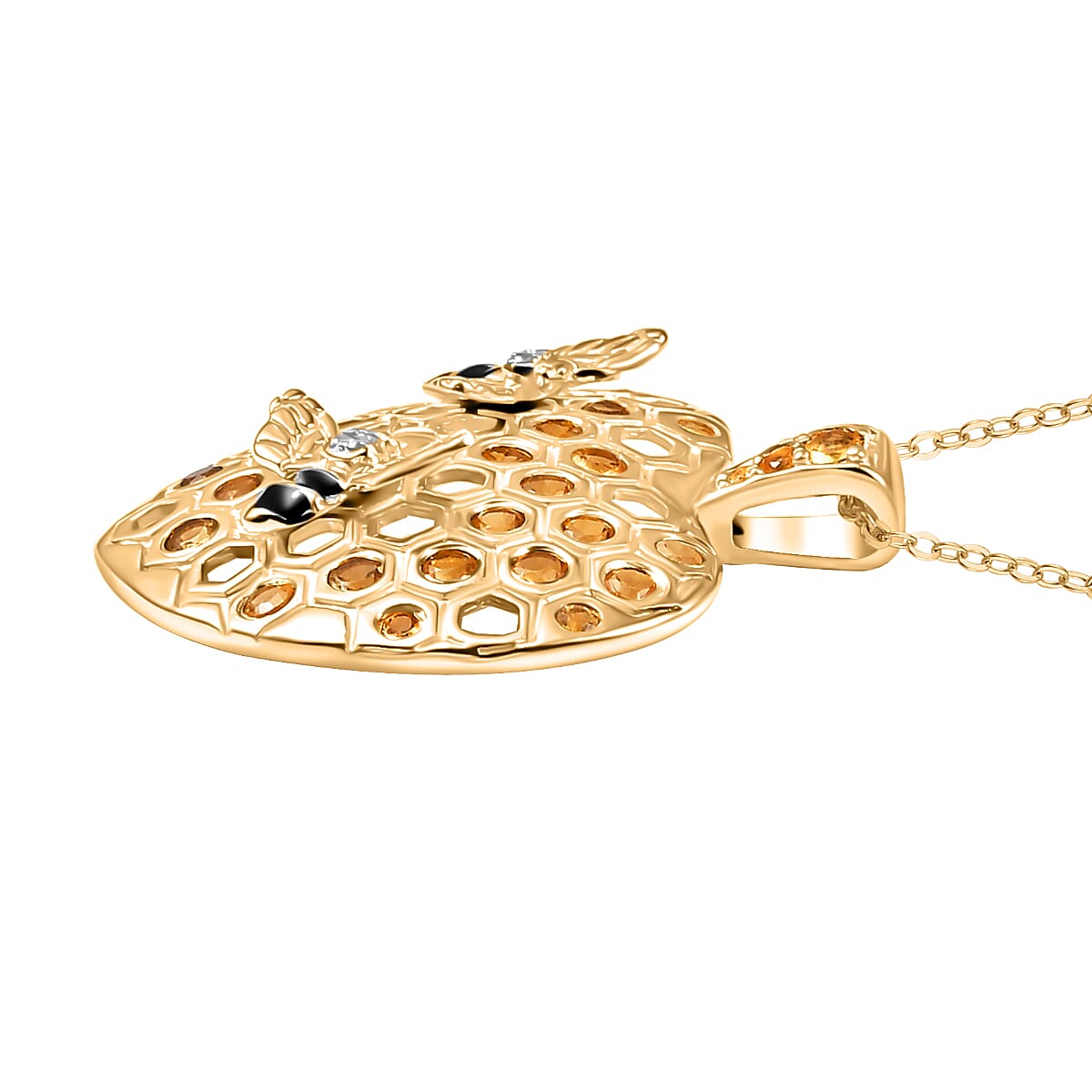 GP Honey Comb Collection - Citrine, White Zircon &amp; Blue Sapphire Pendant with Chain (Size - 20) in 18K Vermeil Yellow Gold Plated Sterling Silver 1.00 Ct. 4322289 4