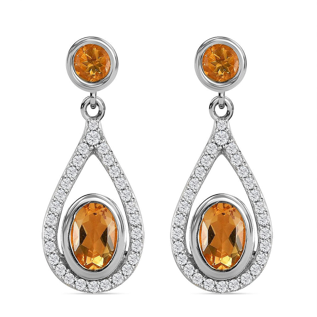 Citrine and Natural Zircon Dangling Earrings in Platinum Overlay Sterling Silver 2.544 Ct.
