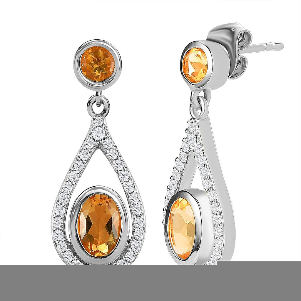 Citrine and Natural Zircon Dangling Earrings in Platinum Overlay Sterling Silver 2.544 Ct.