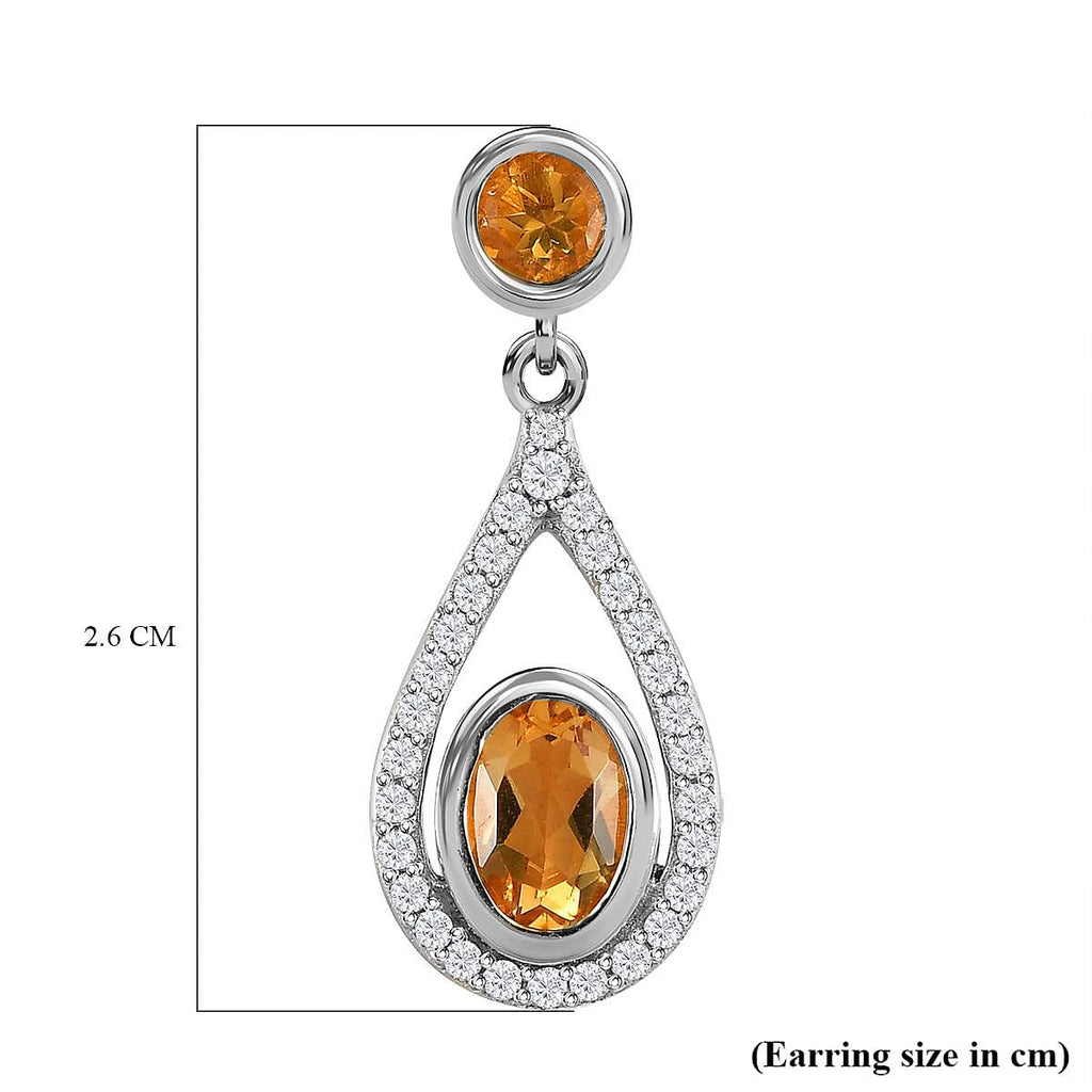 Citrine and Natural Zircon Dangling Earrings in Platinum Overlay Sterling Silver 2.544 Ct.